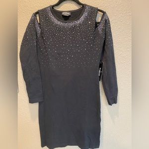 bebe - little black dress with cut out shoulders and diamond embellishments.
